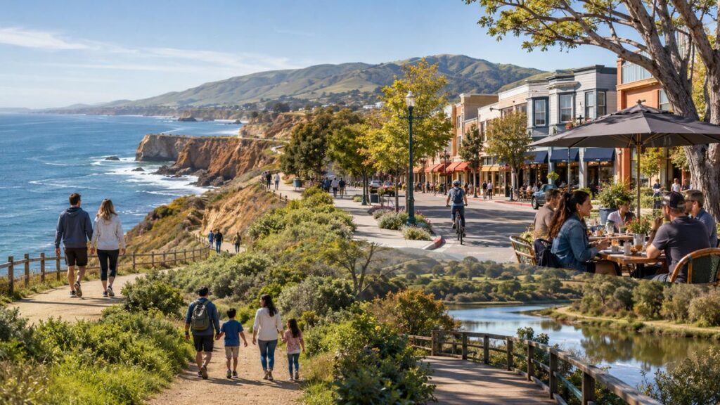 A photo collage showing people hiking along a coastal cliff trail, a family walking near a river boardwalk, a street lined with shops, and people enjoying outdoor patio dining.