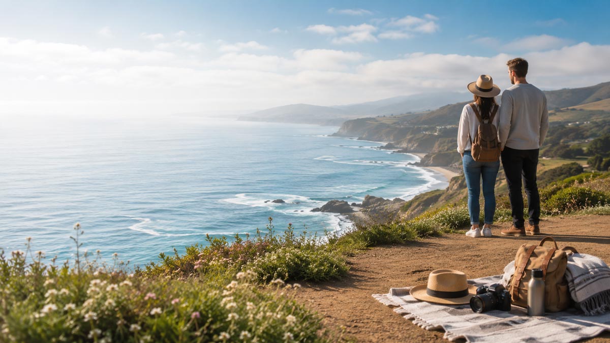 A couple stands on a grassy cliffside, seen from behind, looking out over a dramatic coastline and turquoise ocean under a partly cloudy sky. In the foreground, there is a picnic blanket with a camera, backpack, water bottle, and a straw hat.