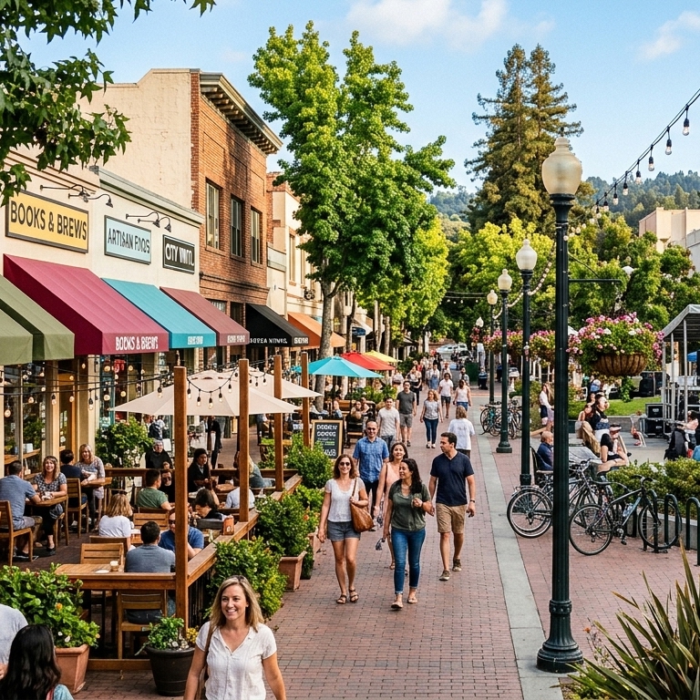Pedestrians walking down a brick-paved downtown street lined with storefront awnings, patio dining, street lamps with hanging flower baskets, and trees.