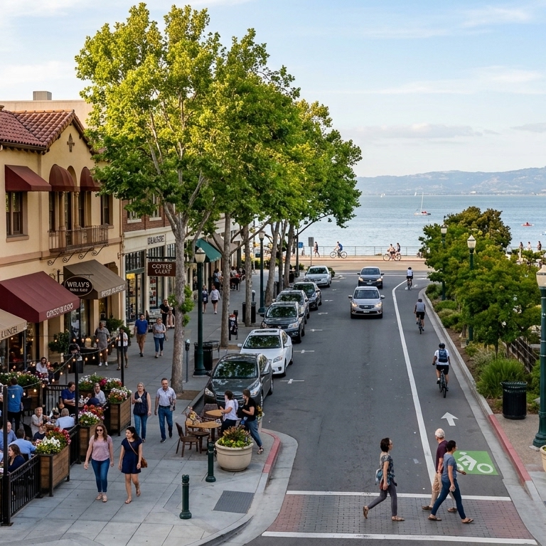 High-angle view of a charming downtown street lined with leafy trees, outdoor restaurant patios, a green bike lane with cyclists, and a scenic bay view in the background.