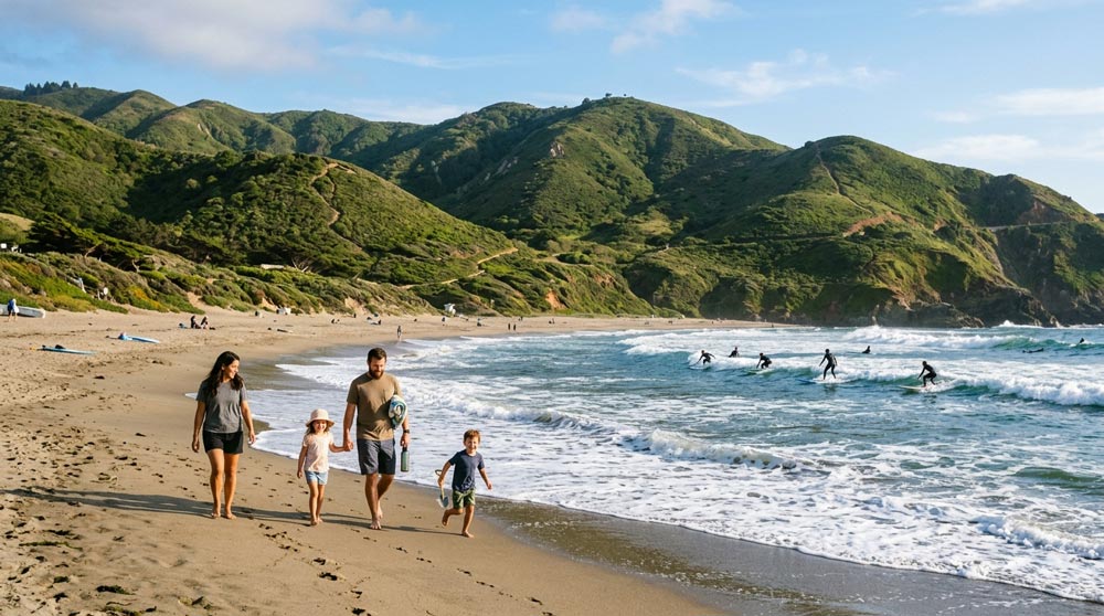 A family of four walking along the wet shoreline of a sandy beach as ocean waves lap at the shore, with surfers in the water and green mountains in the background.
