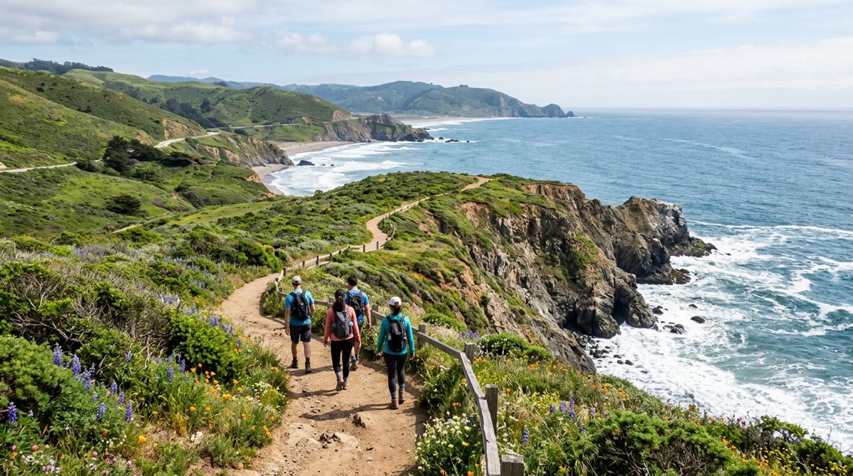 Four hikers walking along a fenced dirt trail on a cliff filled with wild poppies and lupines, overlooking rocky ocean shores and rolling green hills.
