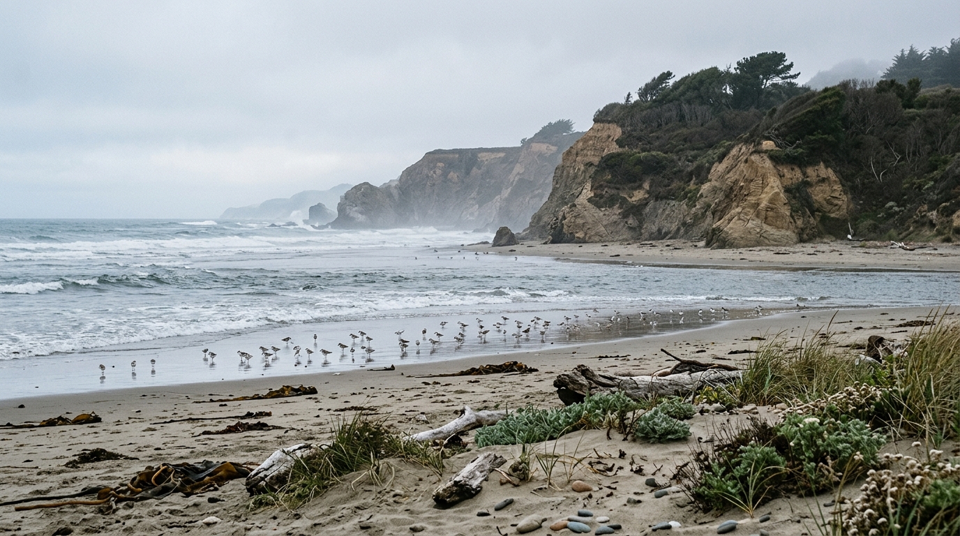Shorebirds and coastal habitat near Tunitas Creek Beach illustrating wildlife conservation in San Mateo County